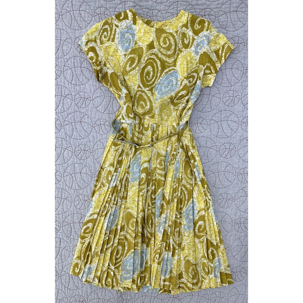 Vintage 50s Carol Craig New York‎ Makoff Pleated Dress Belted Swirl Print